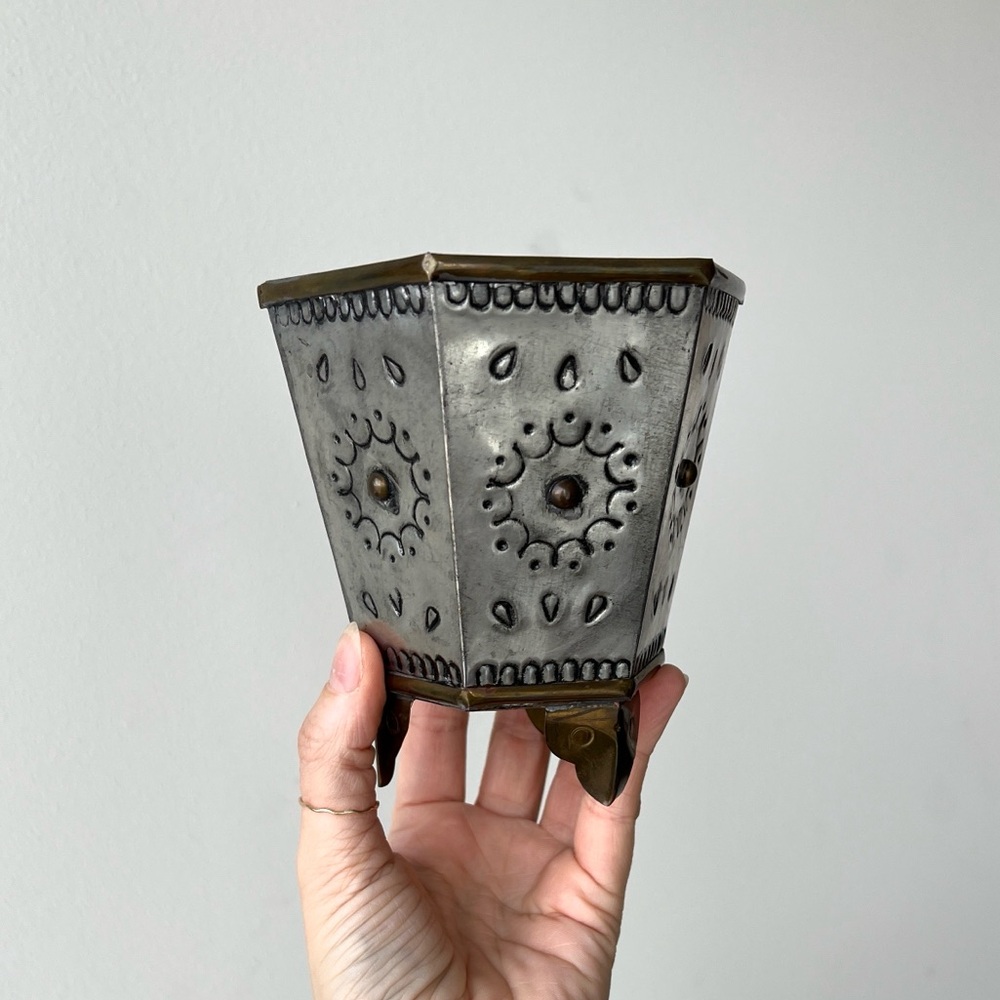 Vintage Punched Tin Brass Planter Vessel Decor